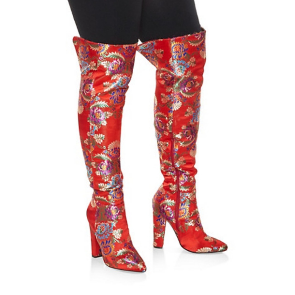 Size 5.5-7.5 BAMBOO OverKnee Red Satin Floral Boot - Picture 4 of 8